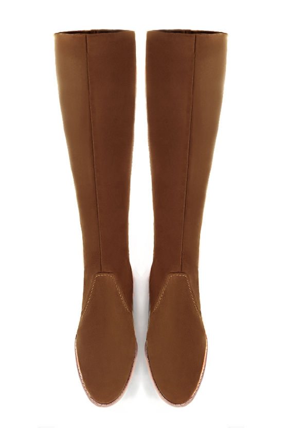 Caramel brown women's riding knee-high boots. Round toe. Low leather soles. Made to measure. Top view - Florence KOOIJMAN